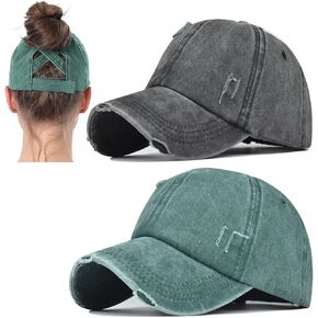 2 Packs Womens Ponytail Criss Cross Hat Baseball Cap Distressed Ponytail Hat High Messy Bun Trucker Ponycap