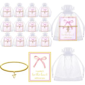 Hicarer 12 Set Bridesmaid Gifts Coquette Bow Bracelet Jewelry Pouch with Gold Bracelets I Couldn't Tie the Knot Without You Cards Bridesmaid Proposal Favor for Wedding Bridal Party