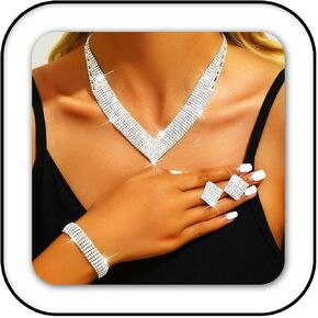 GORAIS Wedding Jewelry Sets Silver Rhinestone Necklace Earrings Bracelet Set for Women and Brides