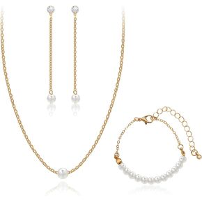 AILUOR Gold Jewelry Set for Women - 14K Gold Plated Pearl Necklace & Earring Set with Drop Earrings, Bracelets, Choker Necklace - Dainty Wedding Pearl Jewelry