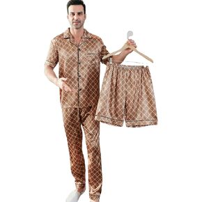 Mens Pajamas Silky Fabric Short Sleeve、 Shorts And Long Pants Loungewear Pijamas Para Hombres Button-Down Pj Set