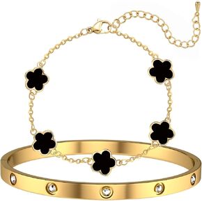 18K Gold Plated Lucky Clover Bracelet and Friendship Love Bangle Bracelets Set for Women Girlfriend Gold Cubic Zirconia Bracelet Set, Christmas Valentines Wedding Birthday Gifts