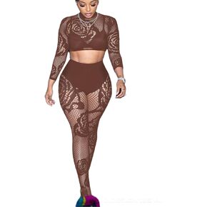Ryehack Womens Sexy اثنين من قطعتين من الأكمام الطويلة جوفاء خارج شبكة السمكة سراويل أعلى السراويل bodycon 2 قطعة مجموعة النادي