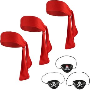 6pcs Halloween Pirate Costume Accessories, Pirate Party Accessories Including 3 Tie Headband Red Pirate Head Bandana 3 Black Pirate Eye Patches in 3 Styles for Adult Kid Cosplay Party