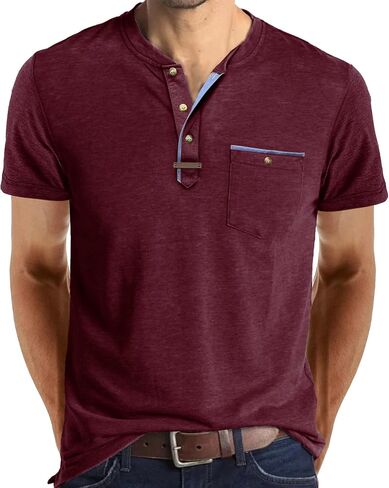 Mens Casual Henley Shirts Short Sleeve Button Down Classic Summer T-Shirt with Pocket in Kuwait