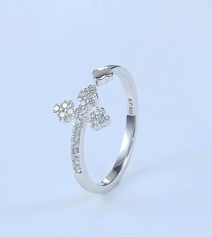Sterling silver 925 Rhodium plated resizable cross ring with Cubic zirconia stones for Women Religious jewelry gift. in Saudi Arabia