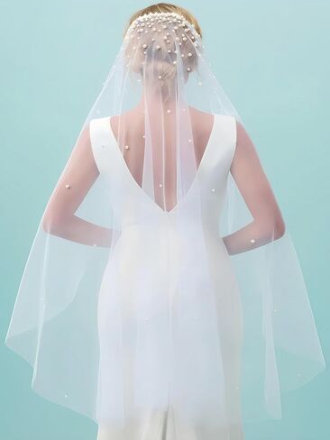 Pearl Bride Wedding Veil Bridal Tulle Veils Hair Accessories Bridal Veils with Matel Comb in Kuwait