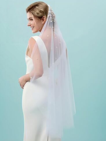 Pearl Bride Wedding Veil Bridal Tulle Veils Hair Accessories Bridal Veils with Matel Comb in Kuwait
