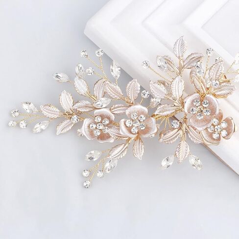 Sweetv Light Rose Gold Clip Clip Rhinestone Bridal Barrette - قطع رأس زهرة مصنوعة يدويًا للنساء in Kuwait