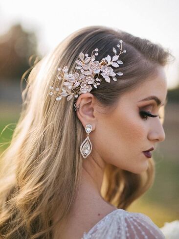Sweetv Light Rose Gold Clip Clip Rhinestone Bridal Barrette - قطع رأس زهرة مصنوعة يدويًا للنساء in Kuwait