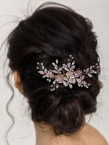 Sweetv Light Rose Gold Clip Clip Rhinestone Bridal Barrette - قطع رأس زهرة مصنوعة يدويًا للنساء in Kuwait