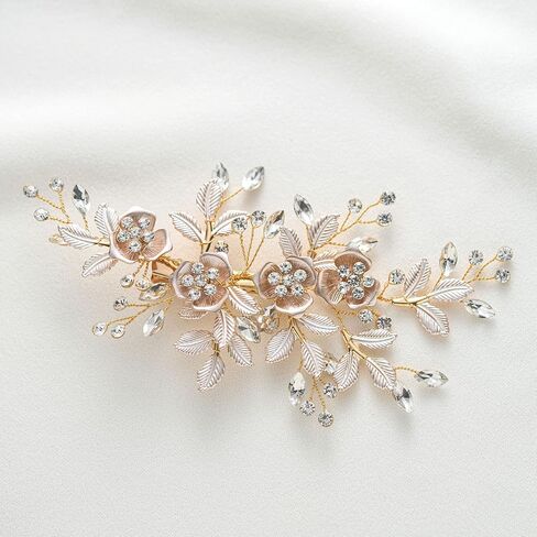 Sweetv Light Rose Gold Clip Clip Rhinestone Bridal Barrette - قطع رأس زهرة مصنوعة يدويًا للنساء in Kuwait