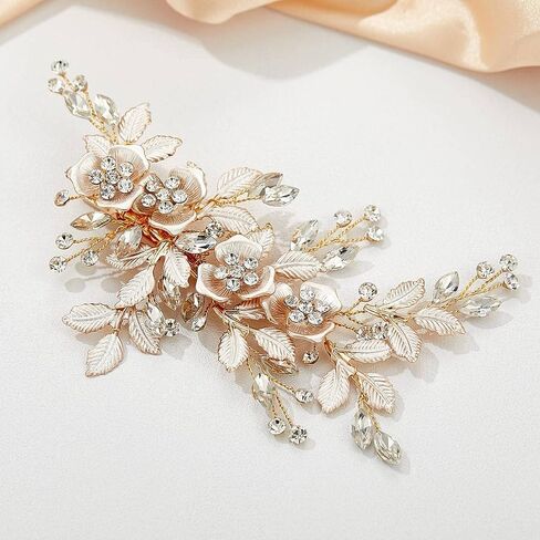 Sweetv Light Rose Gold Clip Clip Rhinestone Bridal Barrette - قطع رأس زهرة مصنوعة يدويًا للنساء in Kuwait