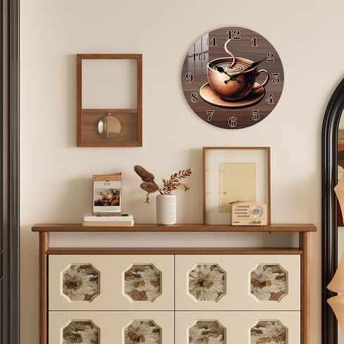 ساعات خشبية للجدران 10 بوصات - كوب من القهوة تعمل بطارية على مدار ساعة الحائط - ساعات الحائط الريفية الصامتة غير الموقوتة لمطبخ غرفة نوم غرفة المعيشة in Kuwait