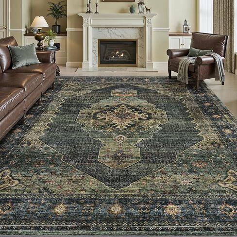 Olive Green 8x10 Area Rugs for Living Room Bedroom Rug Washable Vintage Neutral Farmhouse Rug Carpet Dining Room Rugs Office Retro Oriental Easy Clean Non Slip Large in Saudi Arabia