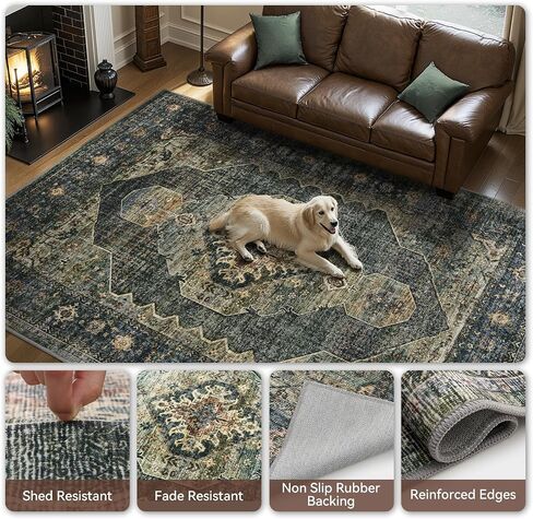 Olive Green 8x10 Area Rugs for Living Room Bedroom Rug Washable Vintage Neutral Farmhouse Rug Carpet Dining Room Rugs Office Retro Oriental Easy Clean Non Slip Large in Saudi Arabia