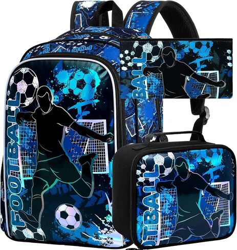 AGSDON 3PCS Kids Backpack for Boys, 17" Football Backpacks with Lunch Box, Water Resistant and Lightweight Bookbag for Teenagers in Saudi Arabia
