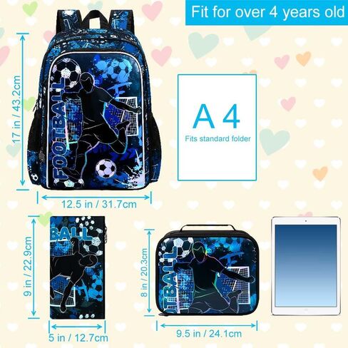 AGSDON 3PCS Kids Backpack for Boys, 17" Football Backpacks with Lunch Box, Water Resistant and Lightweight Bookbag for Teenagers in Saudi Arabia