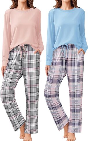 Ekouaer 2 Pack Women Pajama Long Sleeve Sleepwear Soft Loungewear Pjs Sets with Pockets S-XXL in Saudi Arabia