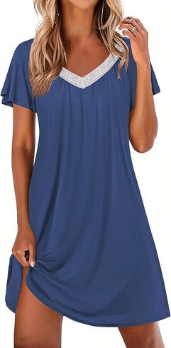 Ekouaer Womens Nightgown Lace Trim V Neck Sleep Shirt Flare Short Sleeve Night Gown Pleated Nightshirt Ladies Nightdress in Kuwait
