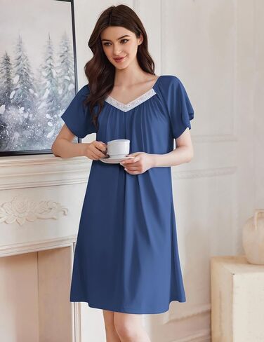 Ekouaer Womens Nightgown Lace Trim V Neck Sleep Shirt Flare Short Sleeve Night Gown Pleated Nightshirt Ladies Nightdress in Kuwait