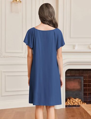 Ekouaer Womens Nightgown Lace Trim V Neck Sleep Shirt Flare Short Sleeve Night Gown Pleated Nightshirt Ladies Nightdress in Kuwait