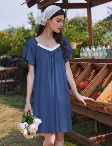 Ekouaer Womens Nightgown Lace Trim V Neck Sleep Shirt Flare Short Sleeve Night Gown Pleated Nightshirt Ladies Nightdress in Kuwait