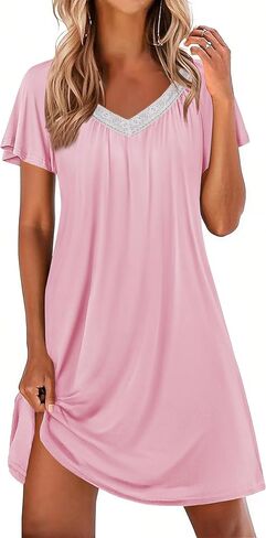 Ekouaer Womens Nightgown Lace Trim V Neck Sleep Shirt Flare Short Sleeve Night Gown Pleated Nightshirt Ladies Nightdress in Kuwait