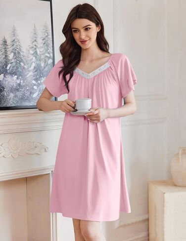 Ekouaer Womens Nightgown Lace Trim V Neck Sleep Shirt Flare Short Sleeve Night Gown Pleated Nightshirt Ladies Nightdress in Kuwait