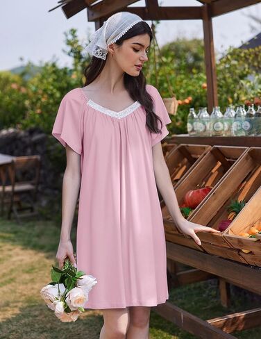 Ekouaer Womens Nightgown Lace Trim V Neck Sleep Shirt Flare Short Sleeve Night Gown Pleated Nightshirt Ladies Nightdress in Kuwait