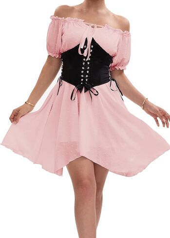 Womens Two Piece Sets Corset Dress Off Shoulder Ruffles Puff Sleeve Irregular Mini Fairy Bustier Dress in Saudi Arabia