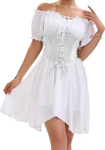 Womens Two Piece Sets Corset Dress Off Shoulder Ruffles Puff Sleeve Irregular Mini Fairy Bustier Dress in Saudi Arabia