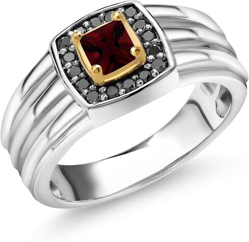 Gem Stone King Men 925 Sterling Silver و 10K Gold 4mm 4mm Princess Gemstone Birthstone وخاتم الماس الأسود المتوفر في الحجم 7 ، 8 ، 10 ، 11 ، 12 ، 13 in Kuwait