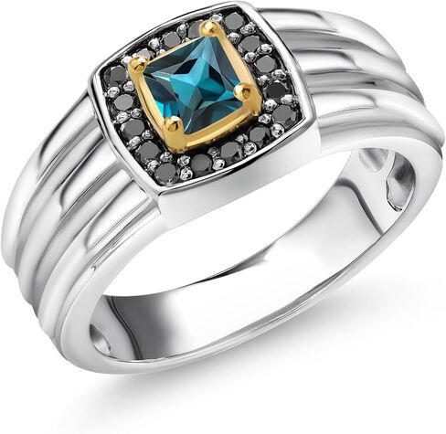 Gem Stone King Men 925 Sterling Silver و 10K Gold 4mm 4mm Princess Gemstone Birthstone وخاتم الماس الأسود المتوفر في الحجم 7 ، 8 ، 10 ، 11 ، 12 ، 13 in Kuwait