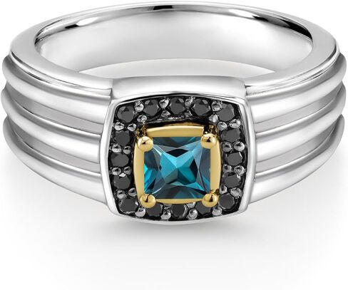 Gem Stone King Men 925 Sterling Silver و 10K Gold 4mm 4mm Princess Gemstone Birthstone وخاتم الماس الأسود المتوفر في الحجم 7 ، 8 ، 10 ، 11 ، 12 ، 13 in Kuwait