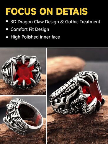 Men's Stainless Steel Dragon Claw Ring - Gothic Biker Style with Black/18K Gold Finish, Red/Black Gemstone, Crystal Stone Signet Ring Punk Jewelry, Size 7-14, Includes Gift Box in Saudi Arabia