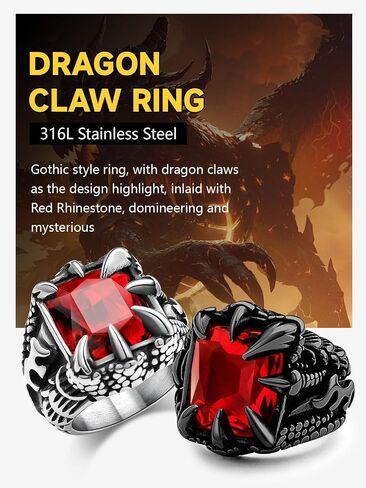 Men's Stainless Steel Dragon Claw Ring - Gothic Biker Style with Black/18K Gold Finish, Red/Black Gemstone, Crystal Stone Signet Ring Punk Jewelry, Size 7-14, Includes Gift Box in Saudi Arabia