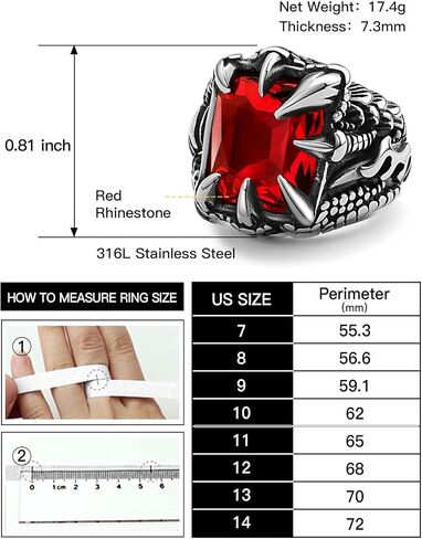 Men's Stainless Steel Dragon Claw Ring - Gothic Biker Style with Black/18K Gold Finish, Red/Black Gemstone, Crystal Stone Signet Ring Punk Jewelry, Size 7-14, Includes Gift Box in Saudi Arabia