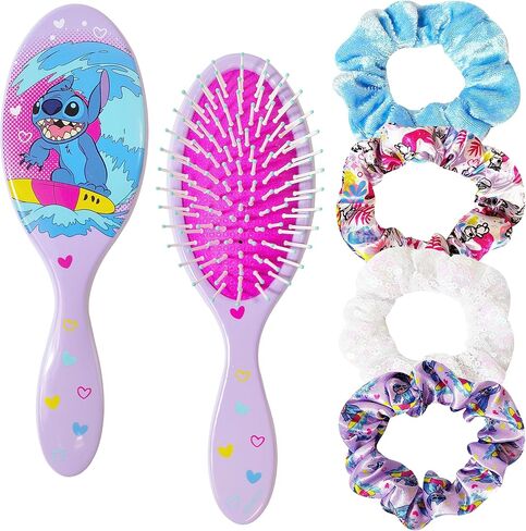 LUV HER Lilo & Stitch Hair Accessory 5 Pcs Set - 1 Regular 9 inch Stitch Hairbrush & 4 Scrunchies - Detangling Brush - Elastic Hair Ties Ropes for Girls, Ages 3+ in Saudi Arabia