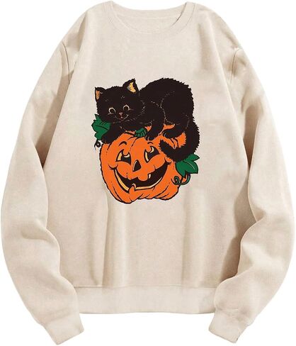 SHENHE Women's Halloween Sweatshirt Cat Pumpkin Print Graphic Crewneck Loose Sweatshirt in Saudi Arabia