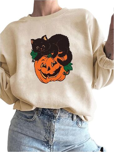 SHENHE Women's Halloween Sweatshirt Cat Pumpkin Print Graphic Crewneck Loose Sweatshirt in Saudi Arabia