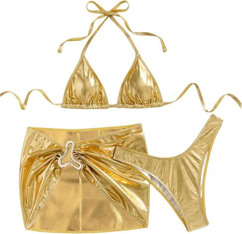 SOLY HUX Women's 3 Piece Swimsuit Metallic Halter Triangle Bikini Set Bathing Suit with Cover Up Beach Skirt in Saudi Arabia