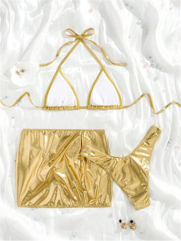 SOLY HUX Women's 3 Piece Swimsuit Metallic Halter Triangle Bikini Set Bathing Suit with Cover Up Beach Skirt in Saudi Arabia