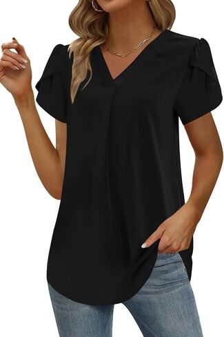 Yincro Womens Summer Dressy Chiffon Blouses V Neck Ruffle Short Sleeve Casual Tunic Tops in Saudi Arabia