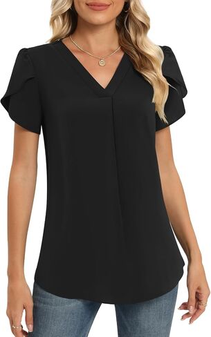 Yincro Womens Summer Dressy Chiffon Blouses V Neck Ruffle Short Sleeve Casual Tunic Tops in Saudi Arabia