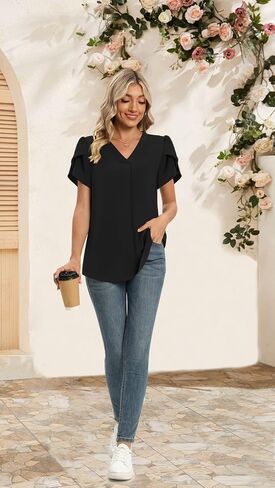 Yincro Womens Summer Dressy Chiffon Blouses V Neck Ruffle Short Sleeve Casual Tunic Tops in Saudi Arabia