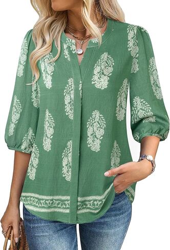 غاهرو نساء الصيف قمم 3/4 نفخة الأكمام V-neck بلوزات غير رسمية بوهو بوهو الأزهار in Kuwait