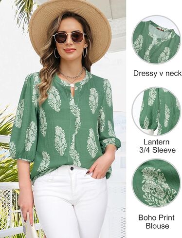 غاهرو نساء الصيف قمم 3/4 نفخة الأكمام V-neck بلوزات غير رسمية بوهو بوهو الأزهار in Kuwait