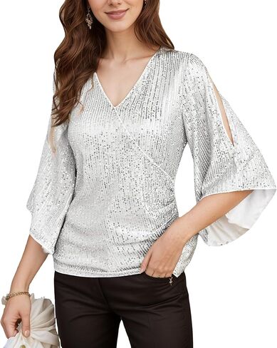 Silver Sequins Tops for Women，3/4 Sleeve Glitter V-Neck Sparkly Dressy Elegant Blouses in Saudi Arabia