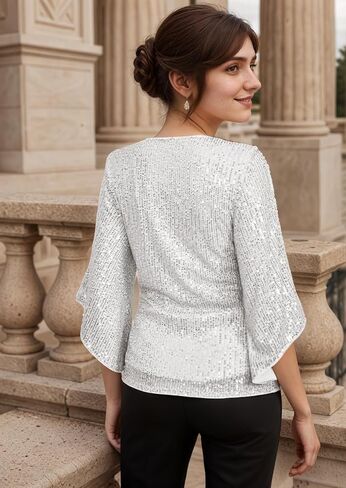 Silver Sequins Tops for Women，3/4 Sleeve Glitter V-Neck Sparkly Dressy Elegant Blouses in Saudi Arabia